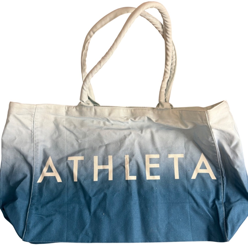 Athleta Ombre‎ Tote Bag Teal Blue White Canvas Beach Travel Everyday Carryall